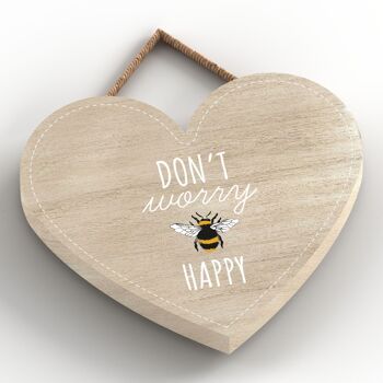 P3042 - Don't Worry Be Happy Bee Plaque décorative à suspendre en forme de cœur en bois 2