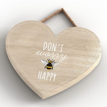 P3042 - Don't Worry Be Happy Bee Plaque décorative à suspendre en forme de cœur en bois 4