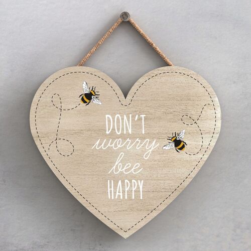P3043 - Don'T Worry Bee Happy Bee Themed Decorative Wooden Heart Shaped Hanging Plaque