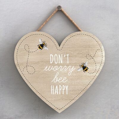 P3043 - Targa decorativa da appendere a forma di cuore in legno a tema Don't Worry Bee Happy Bee