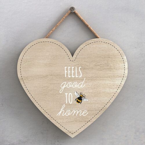 P3044 - Feels Good To Be Home Bee Themed Decorative Wooden Heart Shaped Hanging Plaque