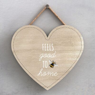 P3044 - Feels Good To Be Home Targa decorativa da appendere a forma di cuore in legno a tema ape