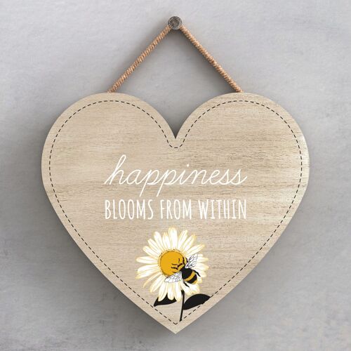 P3045 - Happiness Blooms Bee Themed Decorative Wooden Heart Shaped Hanging Plaque