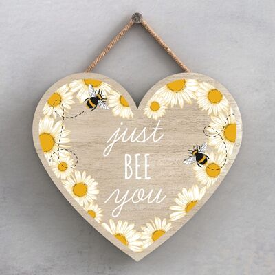 P3046 - Placa colgante decorativa de madera en forma de corazón con el tema Just Bee You Bee