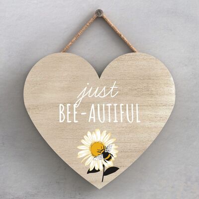 P3047 - Targa da appendere a forma di cuore in legno decorativo a tema Just Bee-Autiful Bee