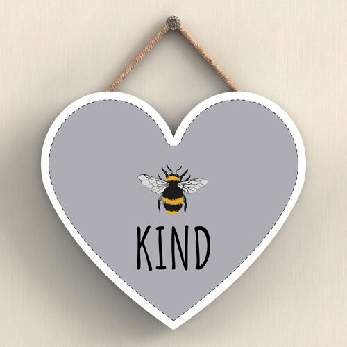 P3052 - Be Kind Grey Bee Themed Decorative Wooden Heart Shaped Hanging Plaque