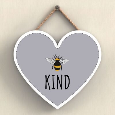 P3052 - Targa da appendere a forma di cuore in legno decorativo a tema Be Kind Grey Bee