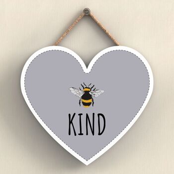 P3052 - Plaque à suspendre décorative en bois en forme de cœur sur le thème de l'abeille grise Be Kind 1