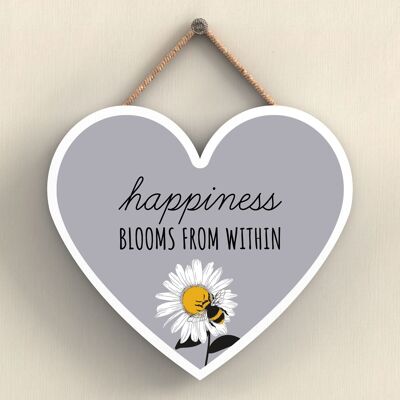 P3053 - La felicità fiorisce la targa decorativa da appendere a forma di cuore in legno a tema ape grigia
