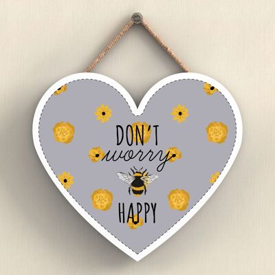 P3055 - Don'T Worry Be Happy Grey Bee Themed Decorative Wooden Heart Shaped Hanging Plaque
