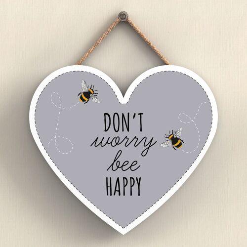 P3056 - Don'T Worry Bee Happy Grey Bee Themed Decorative Wooden Heart Shaped Hanging Plaque