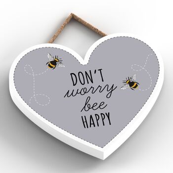 P3056 - Don't Worry Bee Happy Grey Bee Plaque décorative à suspendre en forme de cœur en bois 2