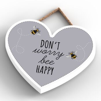 P3056 - Don't Worry Bee Happy Grey Bee Plaque décorative à suspendre en forme de cœur en bois 4