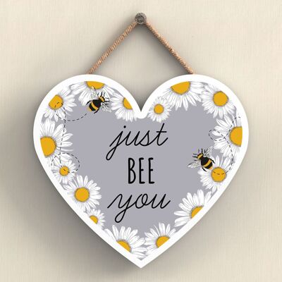 P3058 - Just Bee You Grey Bee Themed Decorative Wooden Heart Shaped Hanging Plaque