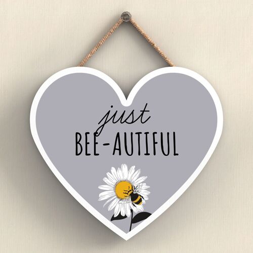 P3059 - Just Bee-Autiful Grey Bee Themed Decorative Wooden Heart Shaped Hanging Plaque