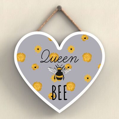 P3060 - Queen Bee Grey Bee Themed Decorative Wooden Heart Shaped Hanging Plaque