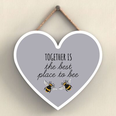 P3061 - Together Is The Best Grey Bee Themed Decorative Wooden Heart Shaped Hanging Plaque