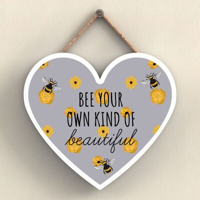 P3062 - Bee Your Own Kind Placa colgante en forma de corazón de madera decorativa con tema de abeja gris