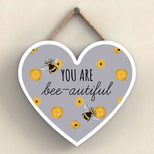 P3063 - You Are Bee-Autiful Grey Bee Themed Decorative Wooden Heart Shaped Hanging Plaque