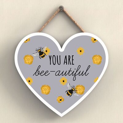 P3063 - You Are Bee-Autiful Dekoratives Holzschild zum Aufhängen in Herzform mit grauem Bienenmotiv