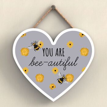 P3063 - Plaque à suspendre décorative en bois en forme de cœur sur le thème de l'abeille grise You Are Bee-Autiful 1
