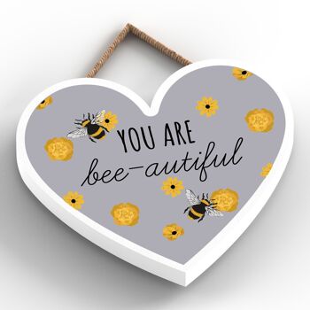P3063 - Plaque à suspendre décorative en bois en forme de cœur sur le thème de l'abeille grise You Are Bee-Autiful 2