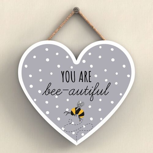 P3064 - You Are Bee-Autiful Grey Bee Themed Decorative Wooden Heart Shaped Hanging Plaque