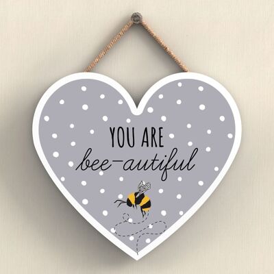 P3064 - You Are Bee-Autiful Placa colgante en forma de corazón de madera decorativa con tema de abeja gris