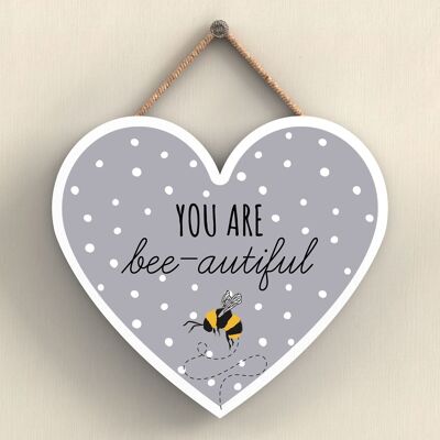 P3064 - You Are Bee-Autiful Grey Bee Themed Decorative Wooden Heart Shaped Hanging Plaque
