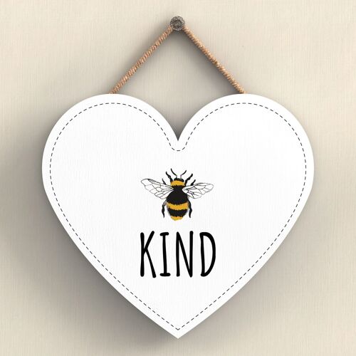 P3066 - Be Kind White Bee Themed Decorative Wooden Heart Shaped Hanging Plaque