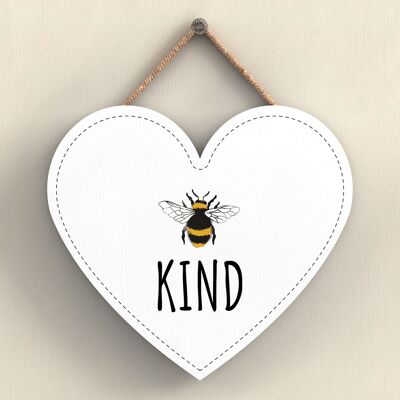 P3066 - Targa da appendere a forma di cuore in legno decorativo a tema Be Kind White Bee