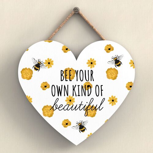 P3067 - Bee Your Own Kind White Bee Themed Decorative Wooden Heart Shaped Hanging Plaque