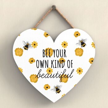 P3067 - Bee Your Own Kind Plaque à suspendre décorative en bois en forme de cœur sur le thème de l'abeille blanche 1