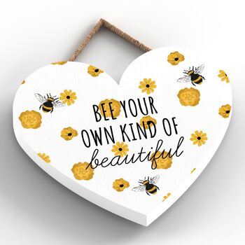 P3067 - Bee Your Own Kind Plaque à suspendre décorative en bois en forme de cœur sur le thème de l'abeille blanche 2