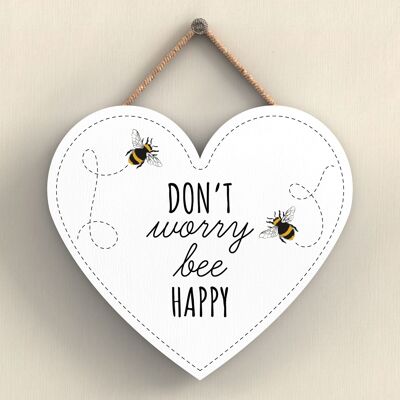 P3070 - Don'T Worry Bee Happy White Bee Themed Decorative Wooden Heart Shaped Hanging Plaque