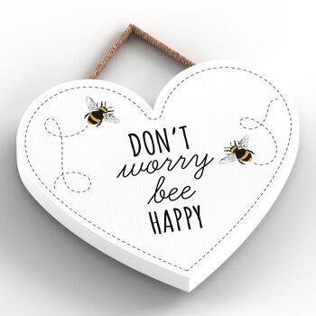 P3070 - Don't Worry Bee Happy White Bee Plaque décorative à suspendre en forme de cœur en bois 2