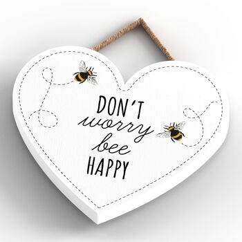 P3070 - Don't Worry Bee Happy White Bee Plaque décorative à suspendre en forme de cœur en bois 4