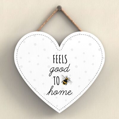 P3071 - Feels Good To Be Home White Bee Themed Decorative Wooden Heart Shaped Hanging Plaque