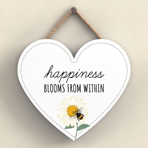 P3072 - Happiness Blooms White Bee Themed Decorative Wooden Heart Shaped Hanging Plaque