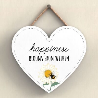 P3072 – Happiness Blooms White Bee Themed Dekoratives Holzschild in Herzform zum Aufhängen