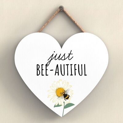 P3074 - Just Bee-Autiful White Bee Themed Decorative Wooden Heart Shaped Hanging Plaque