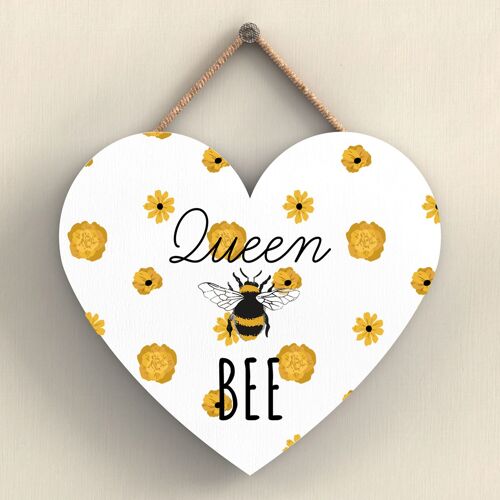 P3075 - Queen Bee White Bee Themed Decorative Wooden Heart Shaped Hanging Plaque
