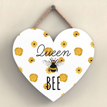 P3075 - Plaque décorative à suspendre en forme de cœur en bois sur le thème de la reine des abeilles blanches 1