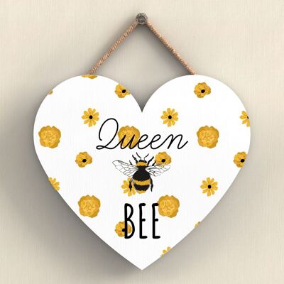 P3075 - Queen Bee White Bee Themed Decorative Wooden Heart Shaped Hanging Plaque