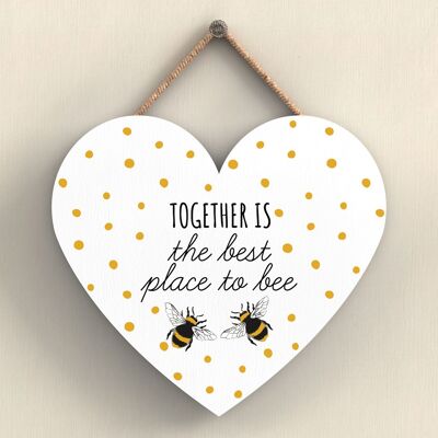 P3076 - Together Is The Best White Bee Themed Decorative Wooden Heart Shaped Hanging Plaque