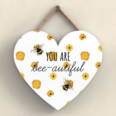 P3077 - Placa colgante decorativa en forma de corazón de madera con tema de abeja blanca You Are Bee-Autiful