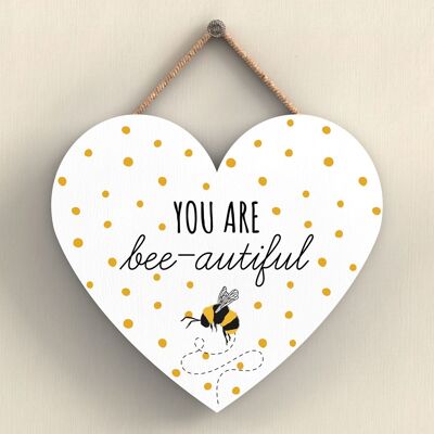 P3078 - Targa da appendere a forma di cuore in legno decorativo a tema ape bianca You Are Bee-Autiful