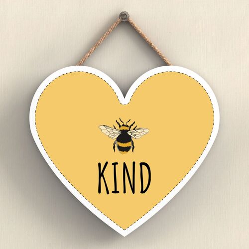 P3080 - Be Kind Yellow Bee Themed Decorative Wooden Heart Shaped Hanging Plaque