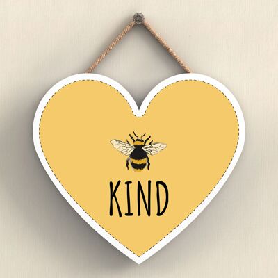 P3080 - Be Kind Placa colgante en forma de corazón de madera decorativa con tema de abeja amarilla