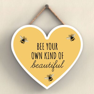 P3081 - Bee Your Own Kind Yellow Bee Themed Decorative Wooden Heart Shaped Hanging Plaque